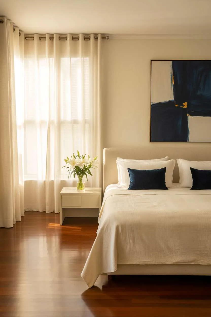 Navy Blue Bedroom with Morning Light Peaceful bedroom with navy pillows, morning sunlight, and white lily arrangement