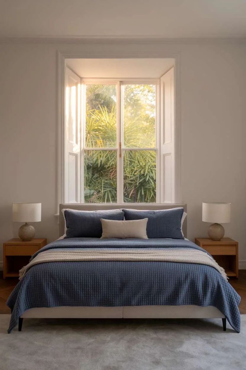 Navy Blue Bedroom with Warm Sunlight Master bedroom with navy bedding, wooden nightstands, and afternoon sunlight