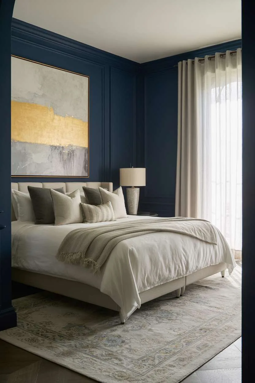 Navy Blue Bedroom with Statement Art Navy bedroom with gold and gray abstract artwork, patterned rug, and soft natural light
