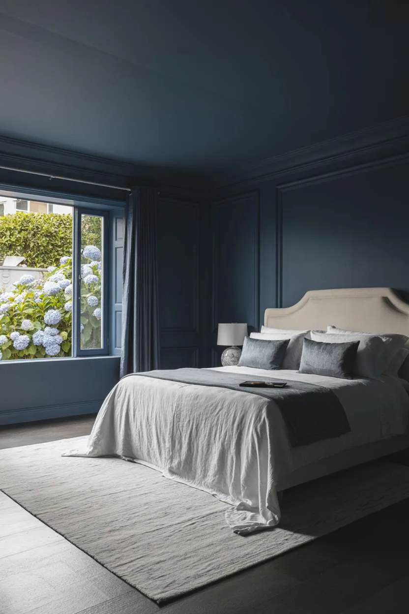Navy Blue Bedroom with Bold Walls Bedroom with dark navy walls, white linen bedding, and hydrangea garden view