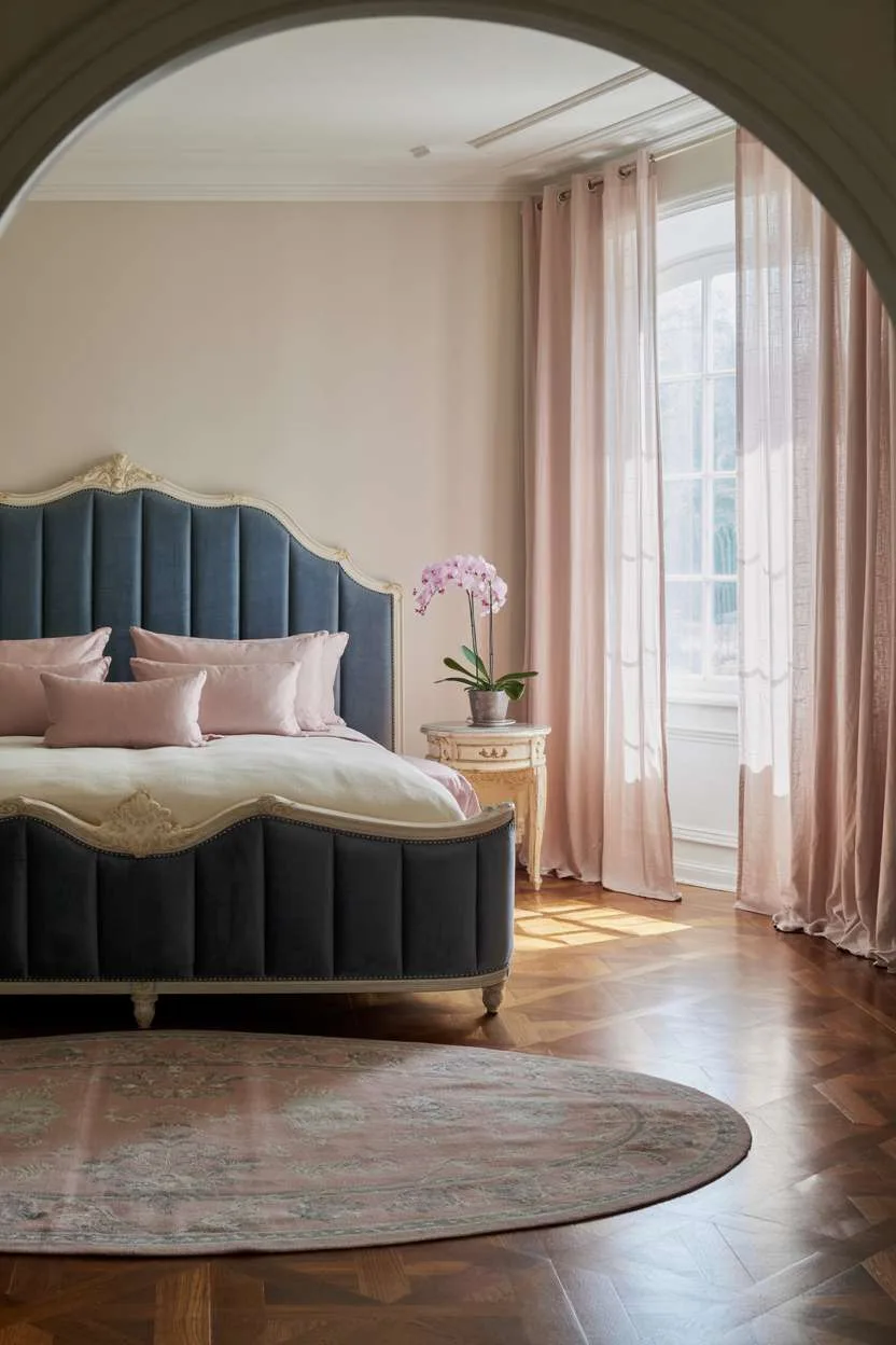 Navy Blue Bedroom with Pink Accents Bedroom with navy velvet headboard, pink pillows, blush and gray rug, and orchid accent