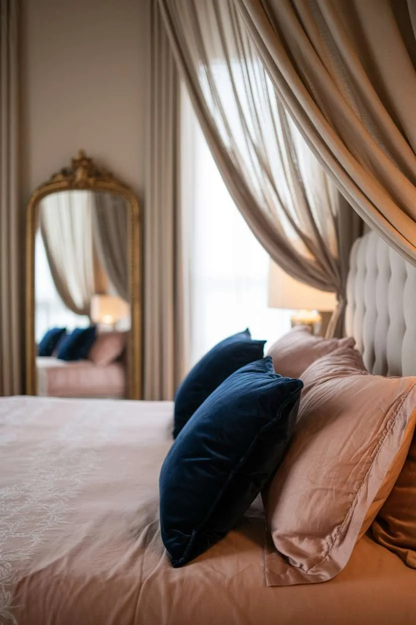 Navy Blue Bedroom with Antique Mirror Luxurious bedroom with blush linens, navy pillows, ornate gold mirror, and flowing curtains