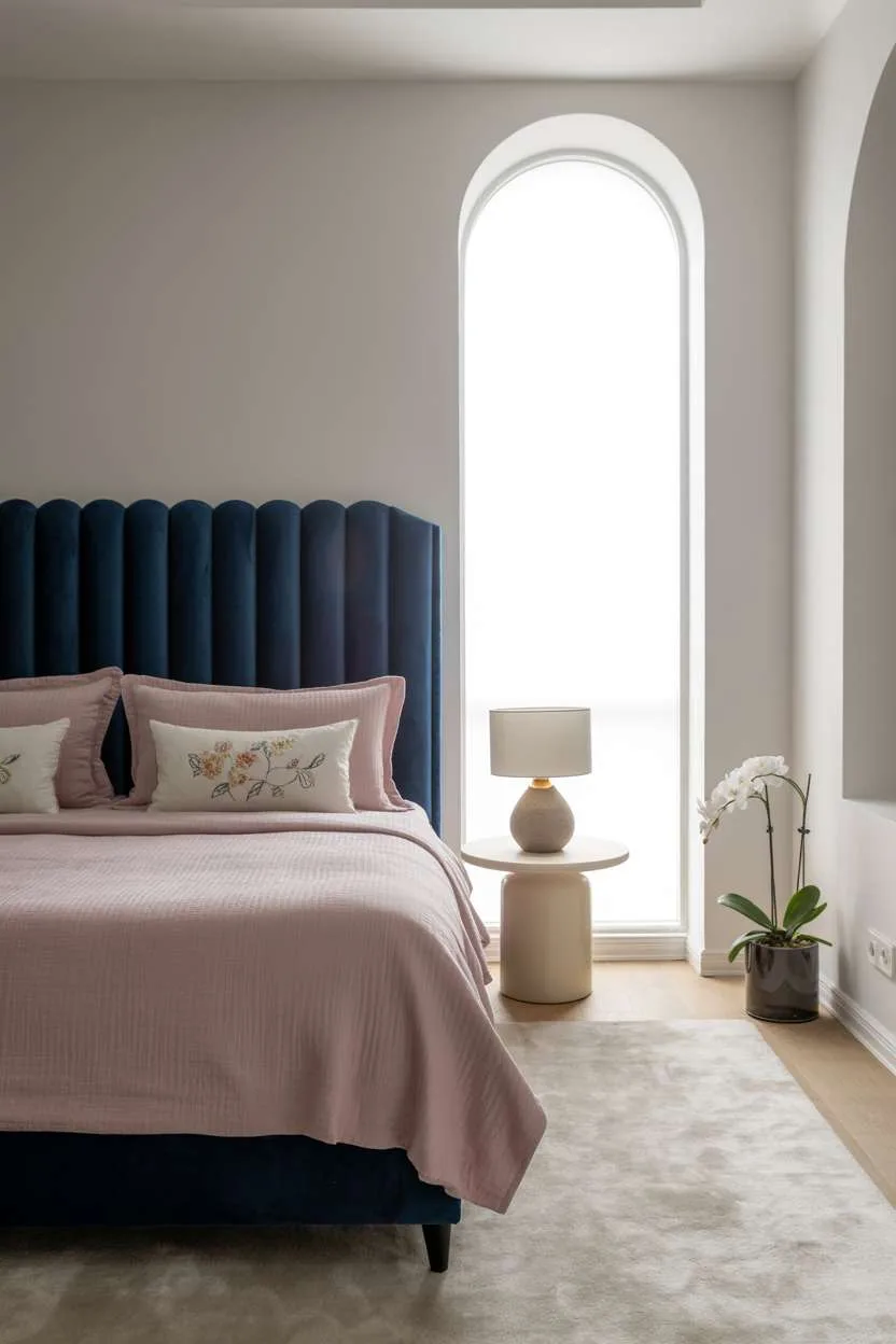 Navy Blue Bedroom with Floral Embroidery Bedroom with navy velvet headboard, pink linen bedding, embroidered floral pillows, and arched window