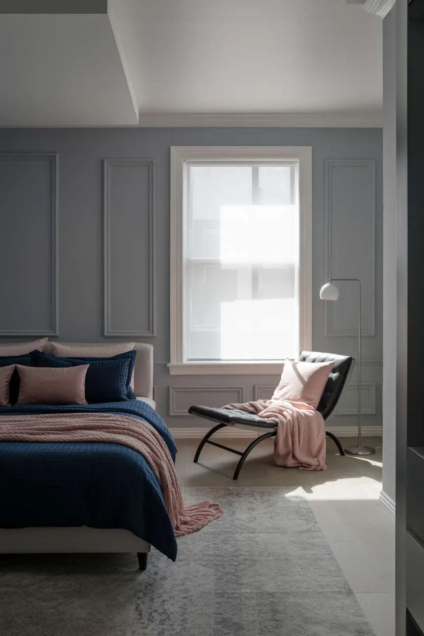 Navy Blue Bedroom with Chaise Lounge Gray bedroom with navy bedding, pink accents, modern chaise lounge, and soft sunlight