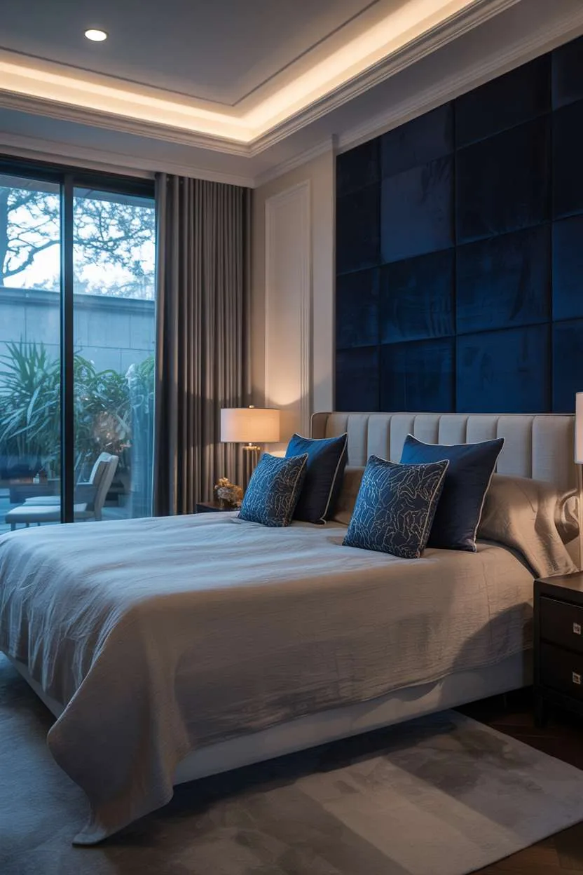 Navy Blue Bedroom with Layered Lighting Navy and gray bedroom with patterned pillows, recessed lighting, and elegant floor lamp