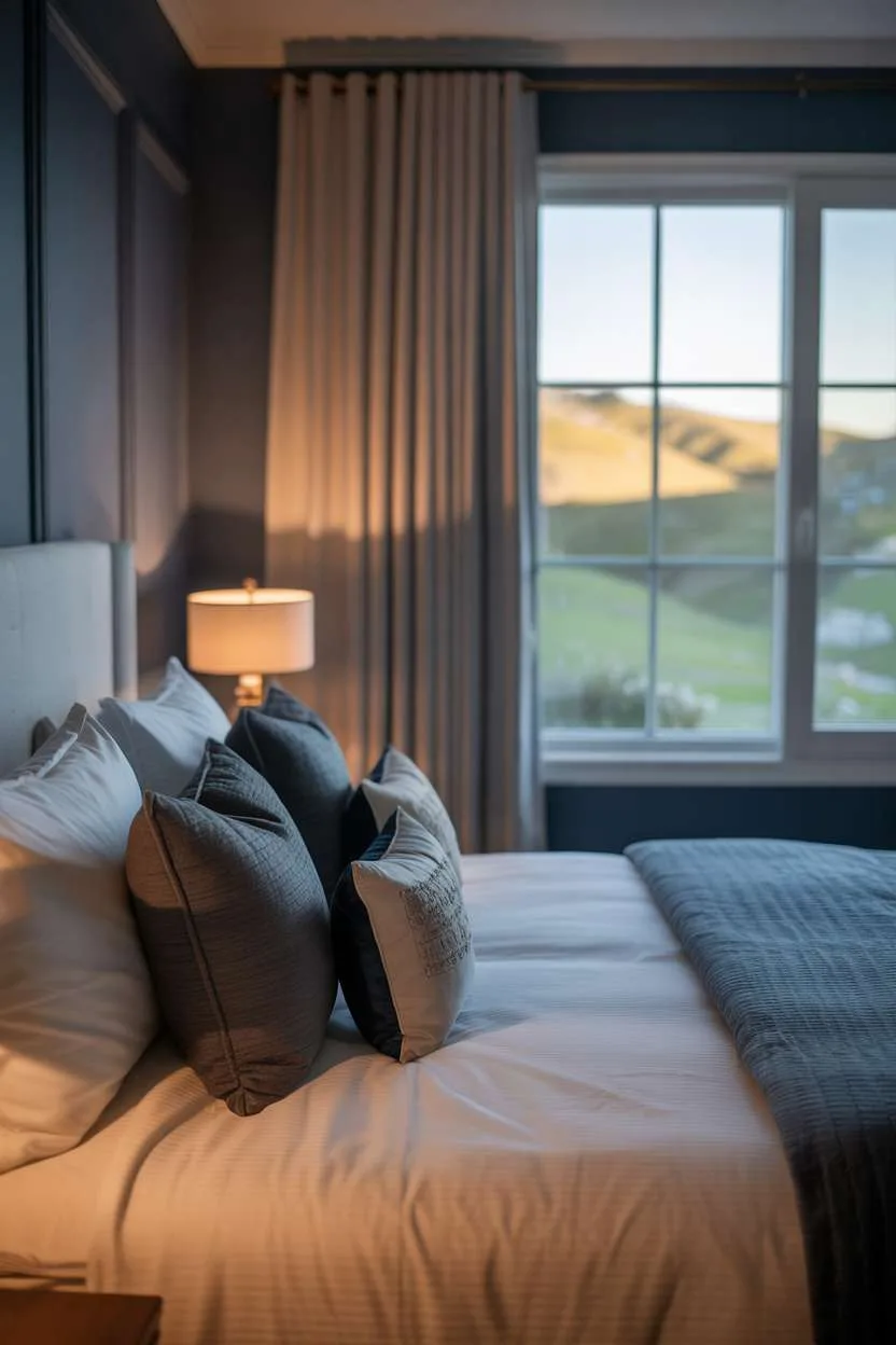Navy Blue Bedroom with Scenic View Navy and gray bedroom with textured pillows, rolling hills view, and warm bedside lighting