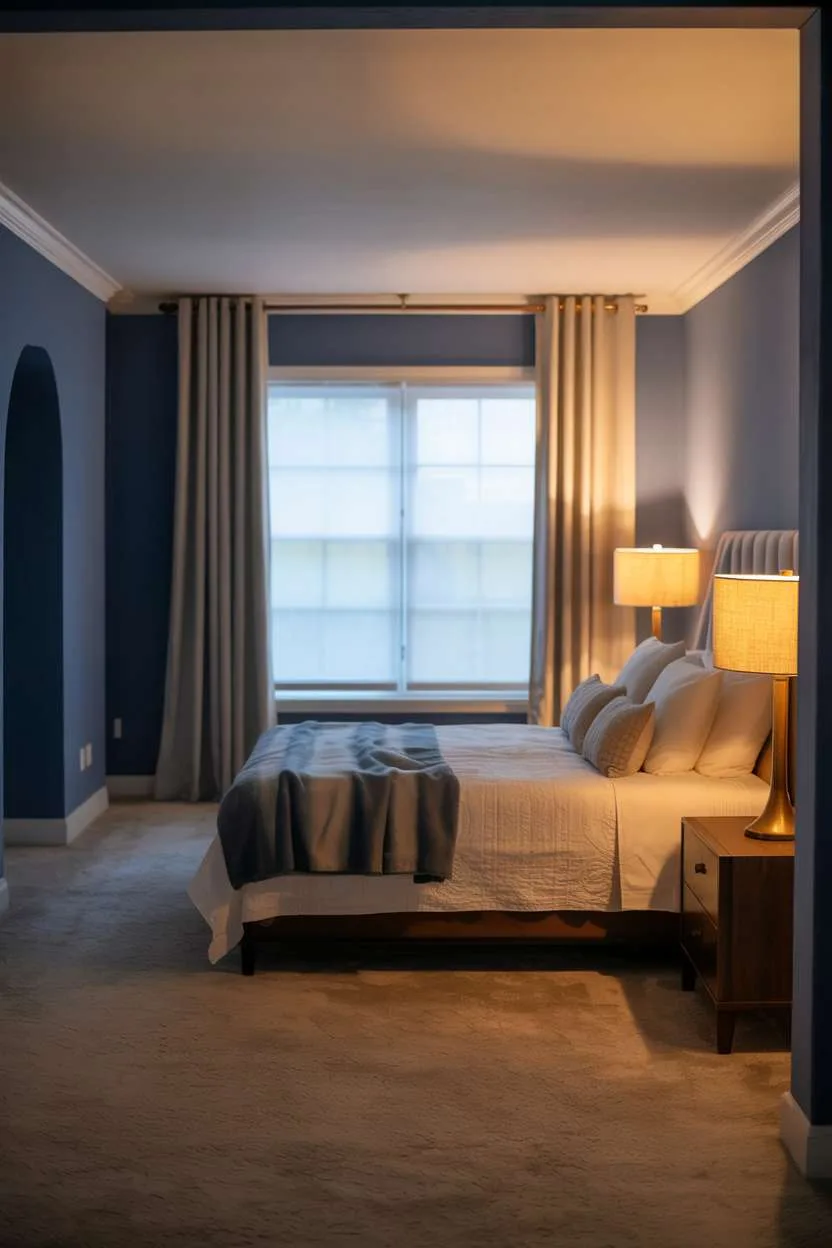 Navy Blue Bedroom with Fireplace Cozy navy bedroom with cream carpet, floor lamp with linen shade, and window view