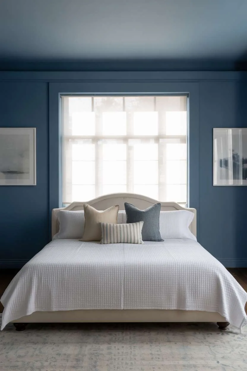Navy Blue Bedroom with Light Blue Walls Navy bedroom with light blue walls, white bedding, cream and gray pillows, and minimal artwork