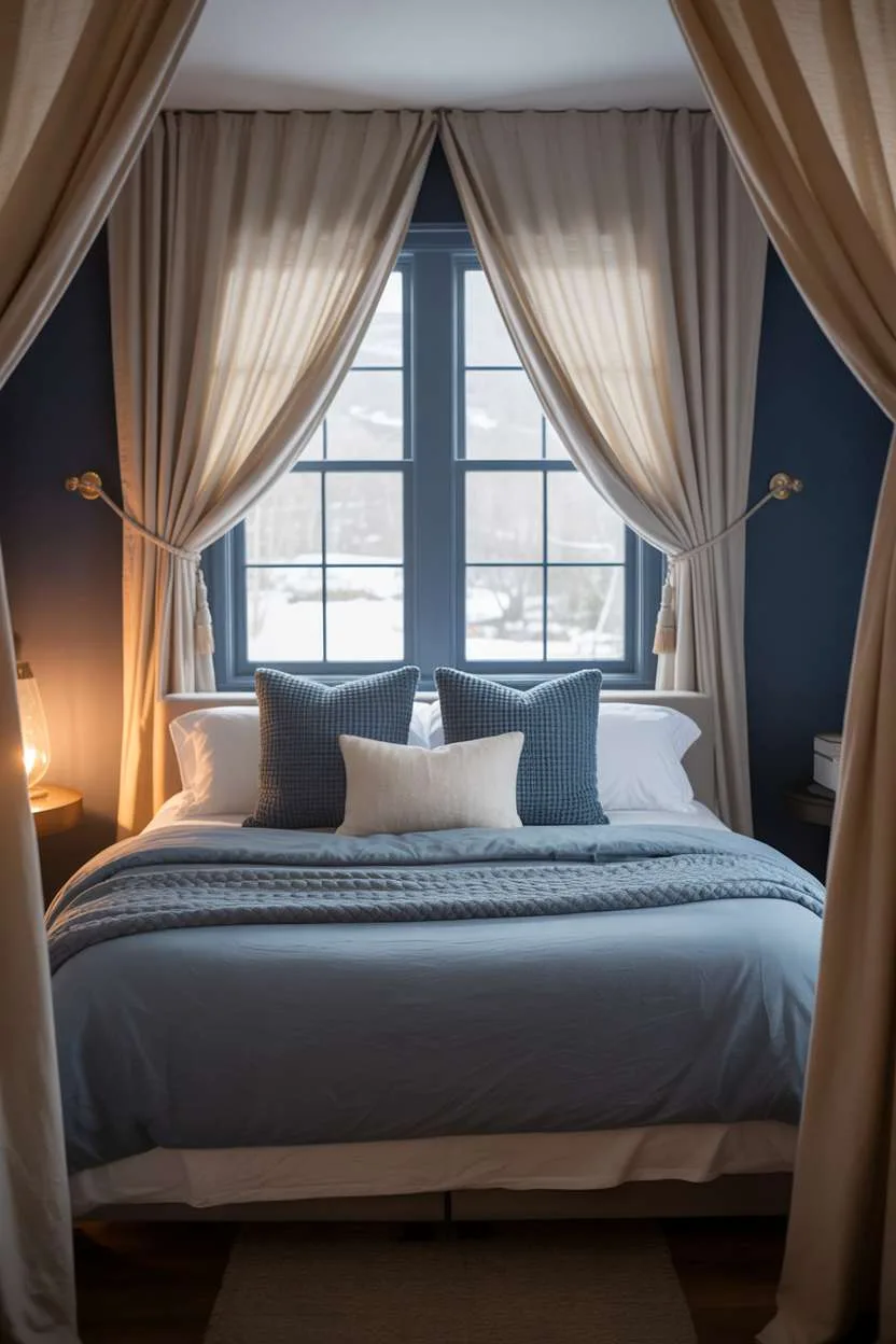 Navy Blue Bedroom with Winter View Navy bedroom with cream drapes, snowy landscape, fireplace glow, and textured pillows
