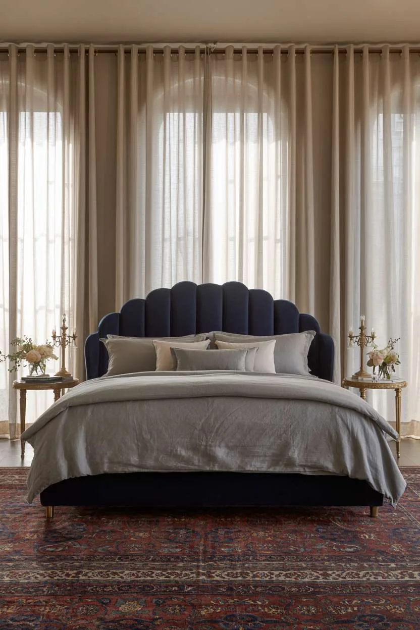 Navy Blue Bedroom with Persian Rug Luxurious bedroom with navy velvet headboard, antique brass lamps, and patterned Persian rug