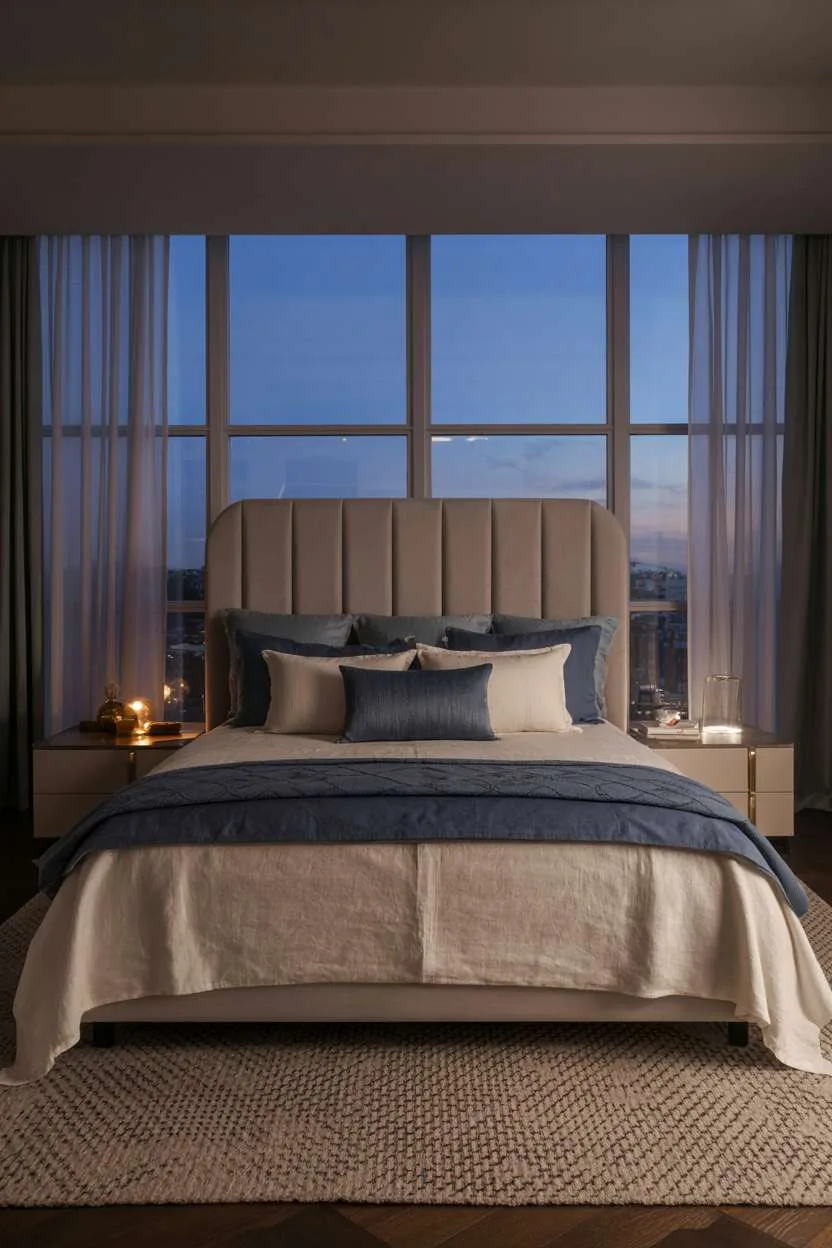 Navy Blue Bedroom with City View Modern bedroom with dove-gray headboard, navy and cream bedding, geometric rug, and city skyline at dusk
