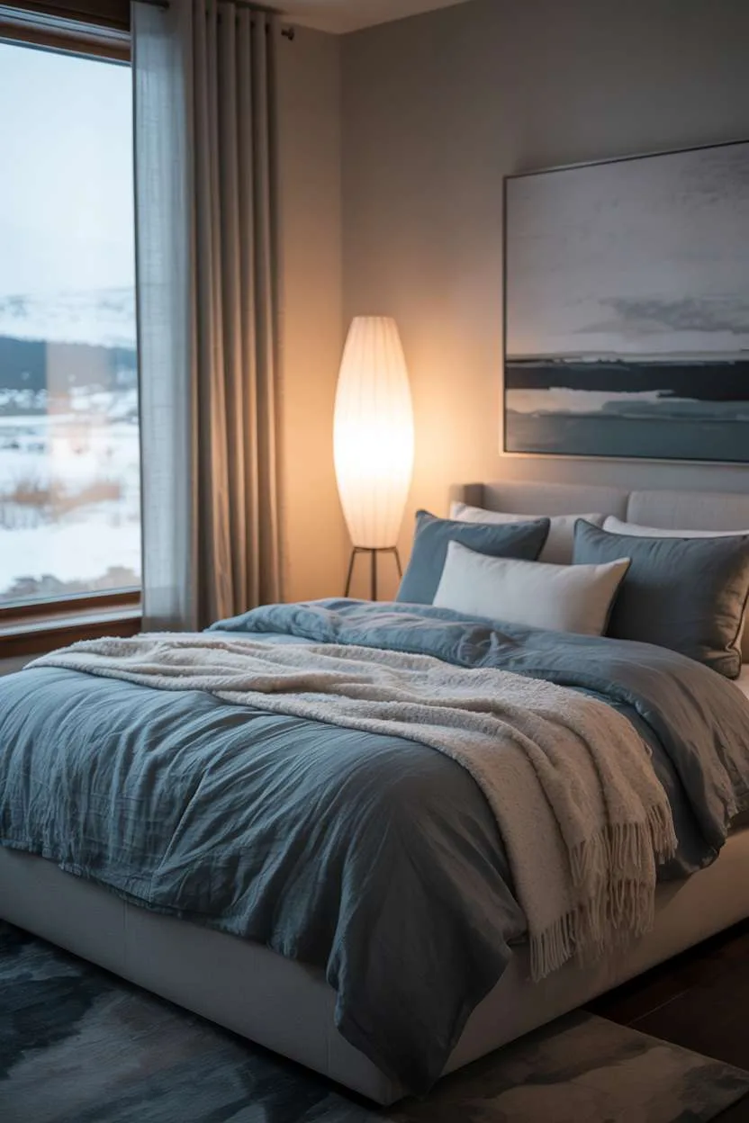 Navy Blue Bedroom with Abstract Art Cozy bedroom with navy linen bedding, ivory pillows, snowy view, and modern abstract art