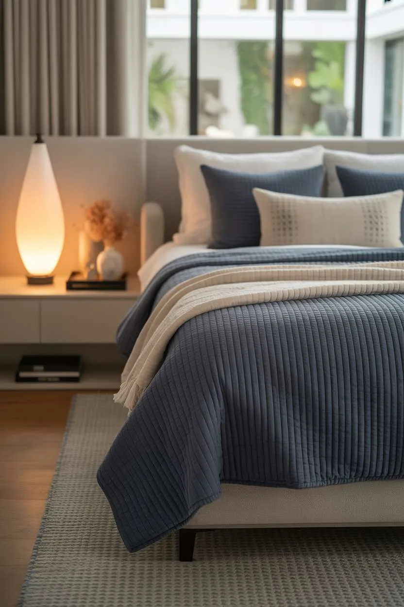 Navy Blue Bedroom with Geometric Patterns Luxurious bedroom with navy and cream bedding, geometric pillows, woven rug, and garden glimpse