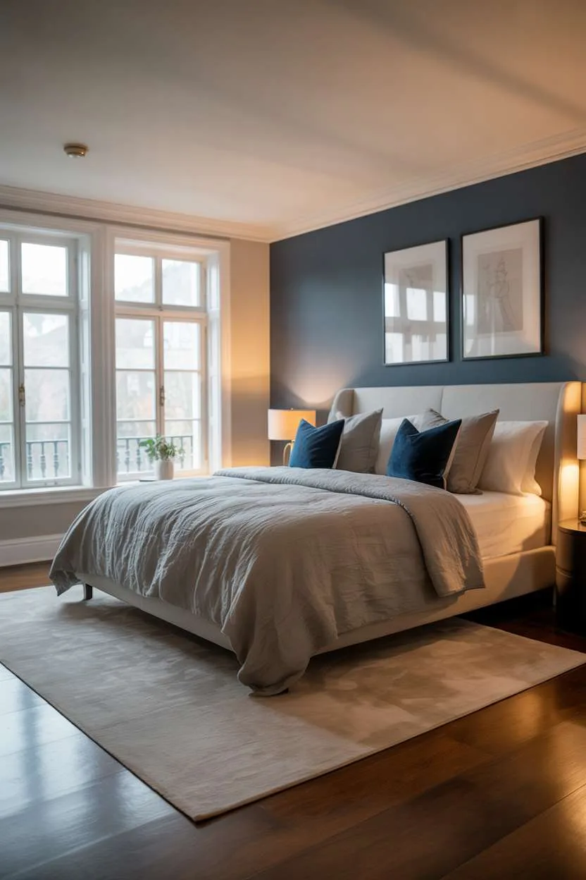 Navy Blue Bedroom with Accent Wall Spacious bedroom with gray linen duvet, navy accent wall, minimalist art, and cream rug
