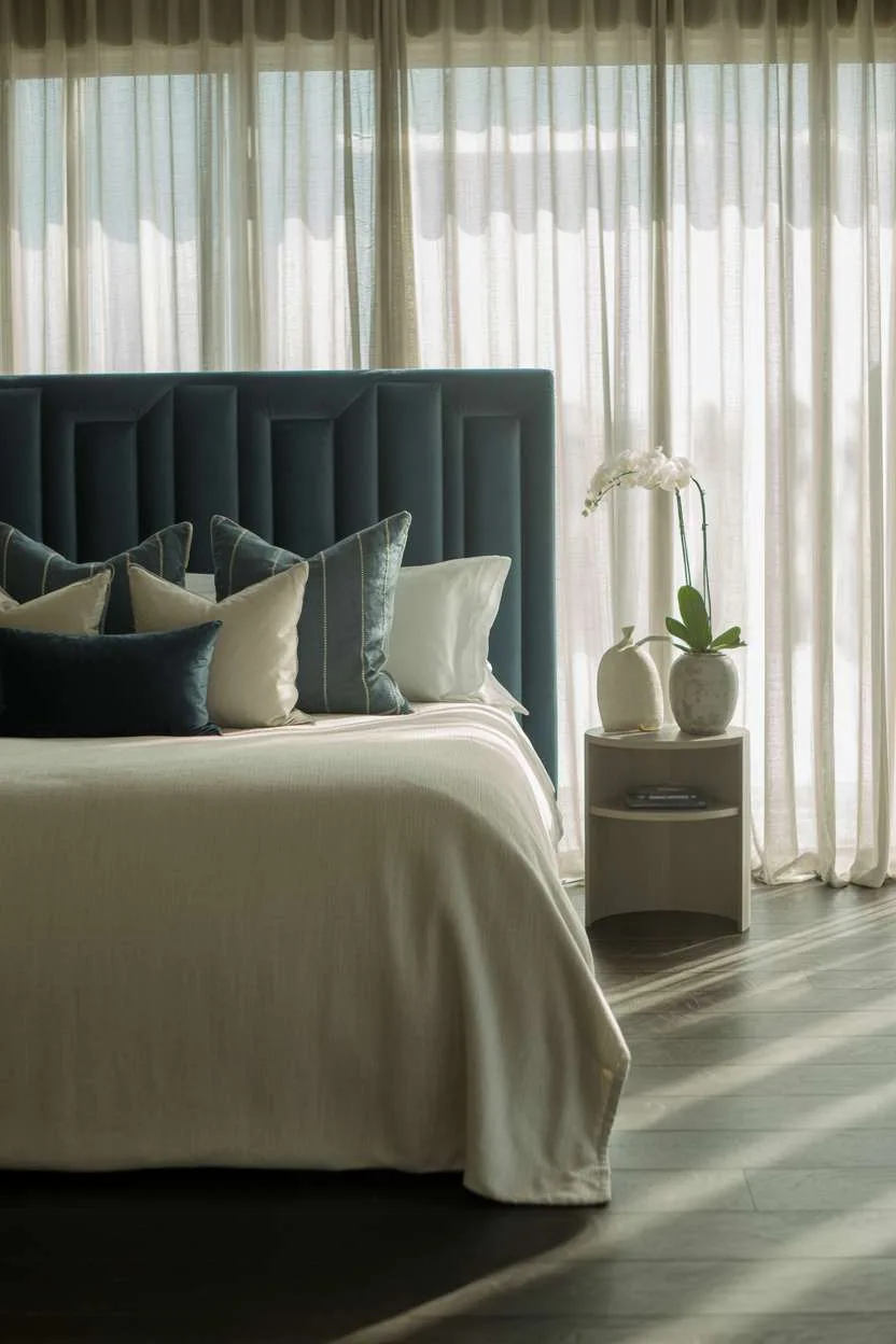 Navy Blue Bedroom with Airy Feel Navy bedroom with white orchid, ceramic vase, dark wood floor, and airy atmosphere
