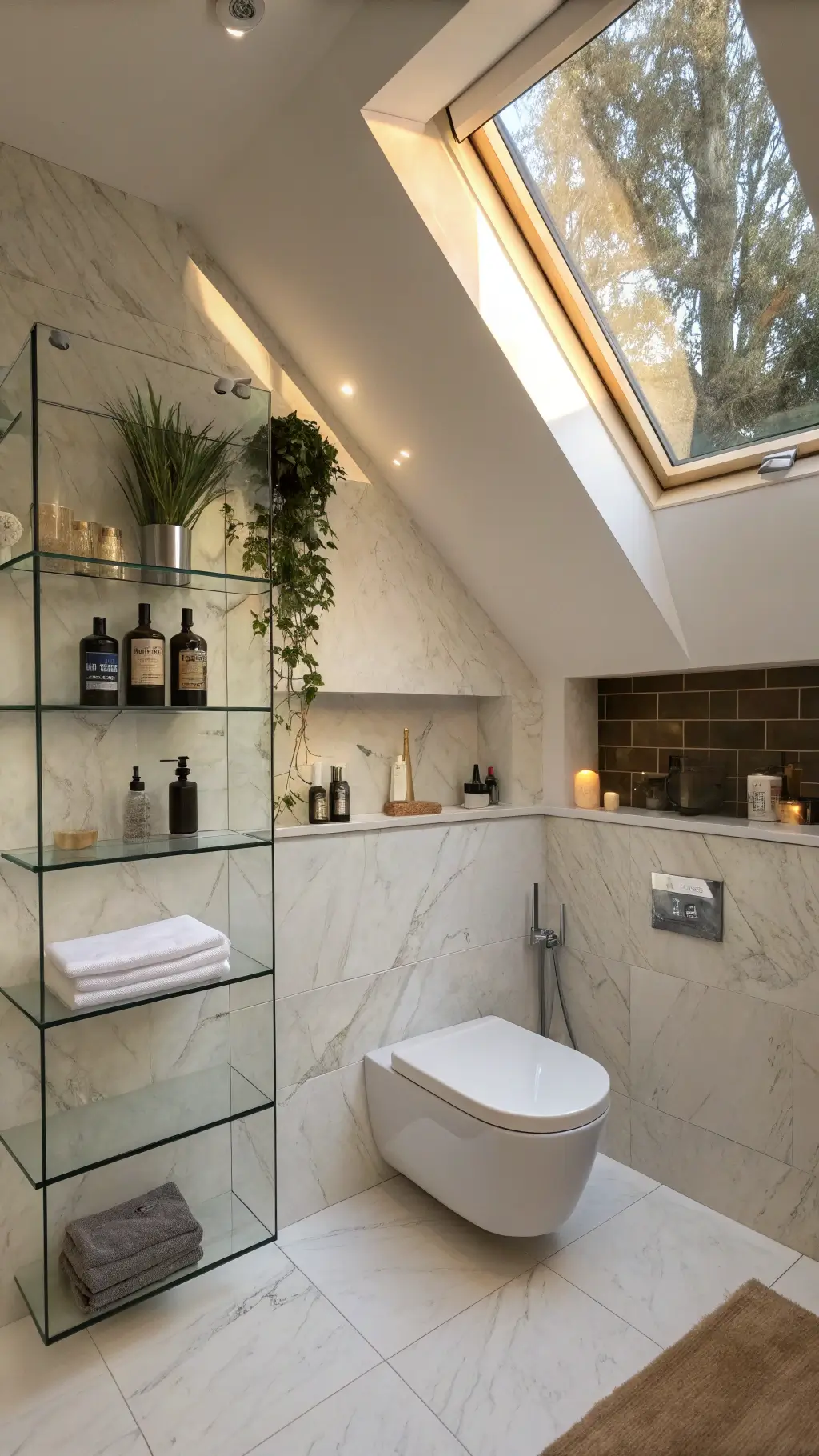Bright bathroom with skylight, smoked glass shelving, large marble-effect tiles, and wall-hung toilet with concealed cistern