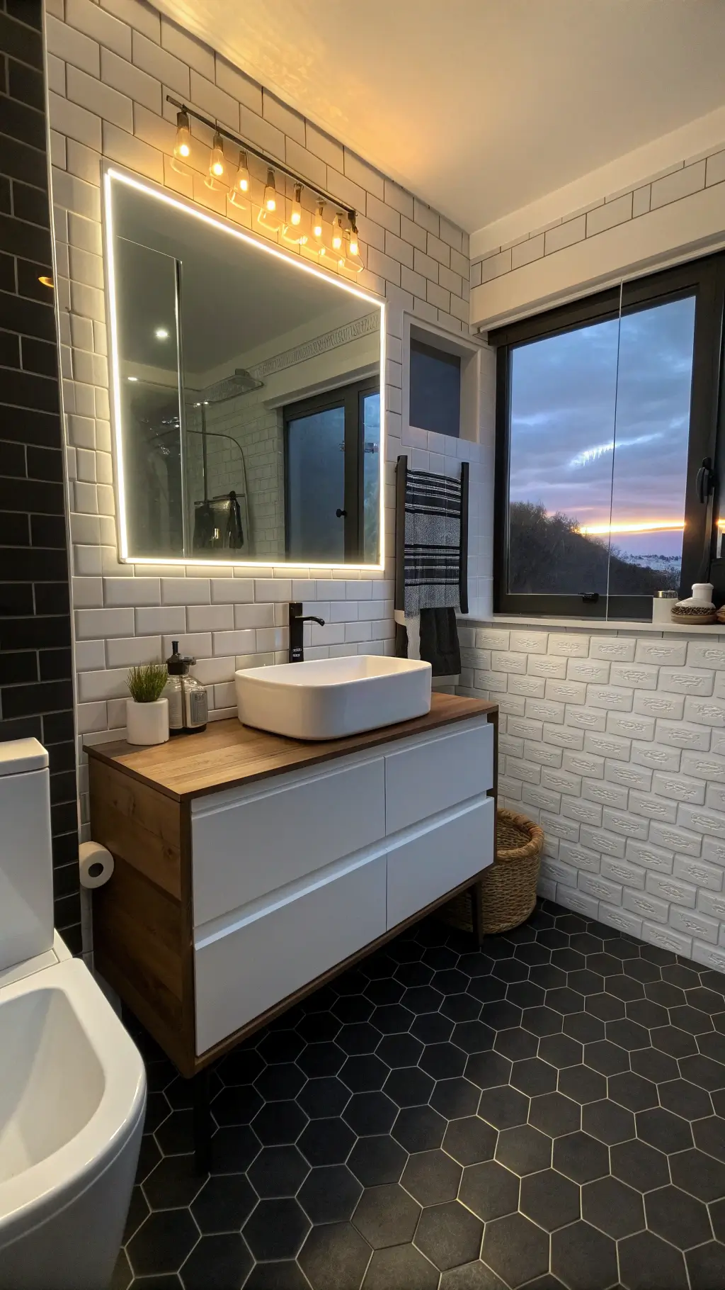 Cozy city bathroom at dusk featuring ambient LED lighting, matte black hexagonal floor tiles, glossy white walls, floating walnut vanity with integrated lighting, vessel sink, and floor-to-ceiling mirror
