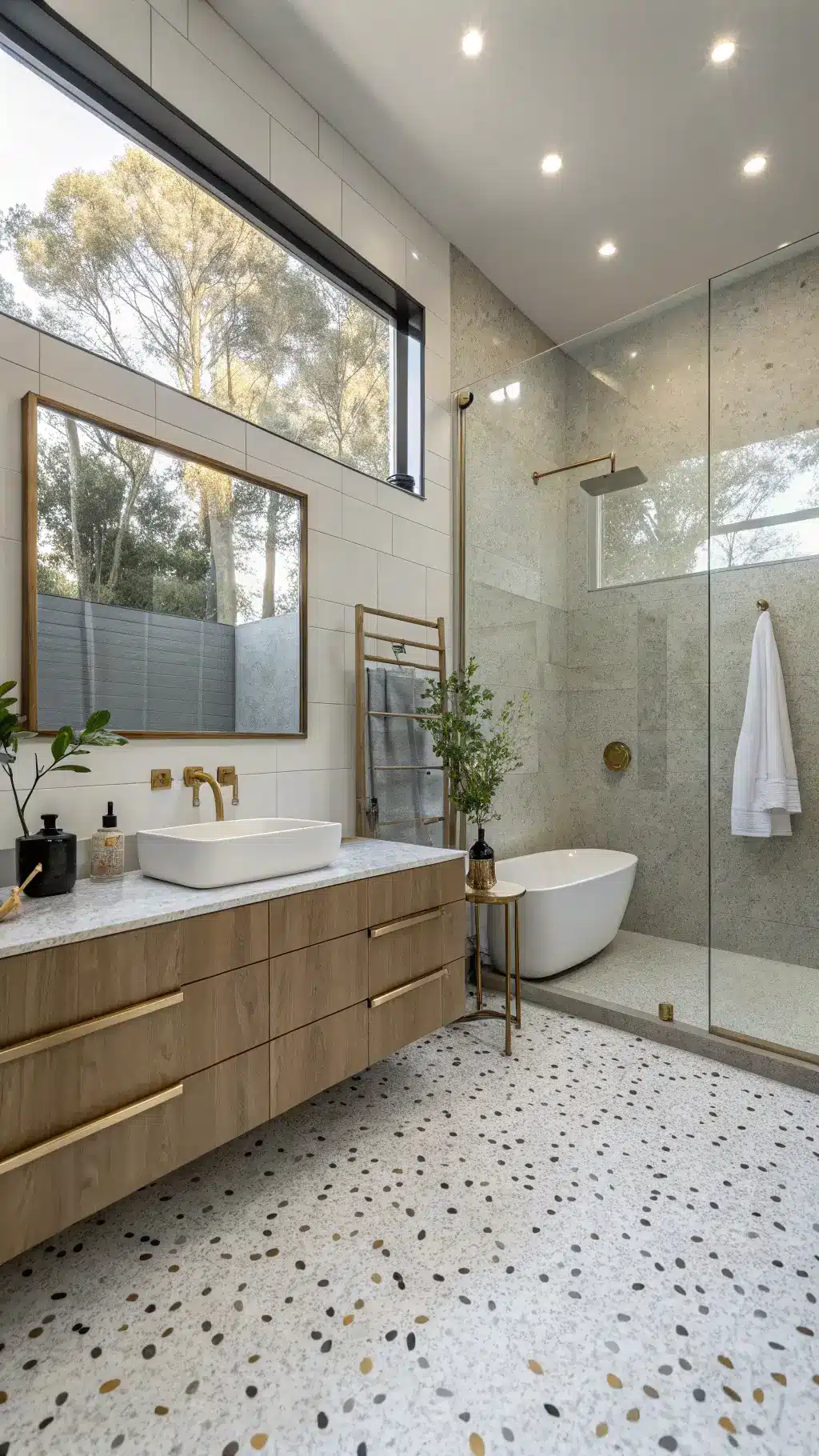 Spa-inspired bathroom illuminated by morning light through frosted window film, featuring oversized terrazzo tiles, floating double vanity in bleached oak with brass fixtures, and frameless glass shower for seamless flow