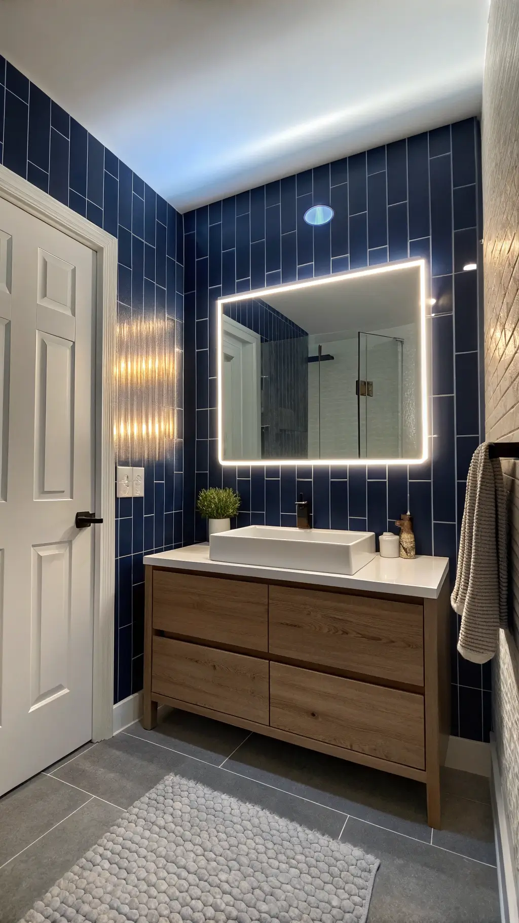 Evening bathroom scene with navy blue subway tile accent wall, floating concrete vanity, large integrated mirror, white penny tiles on side walls, and atmospheric LED strip lighting