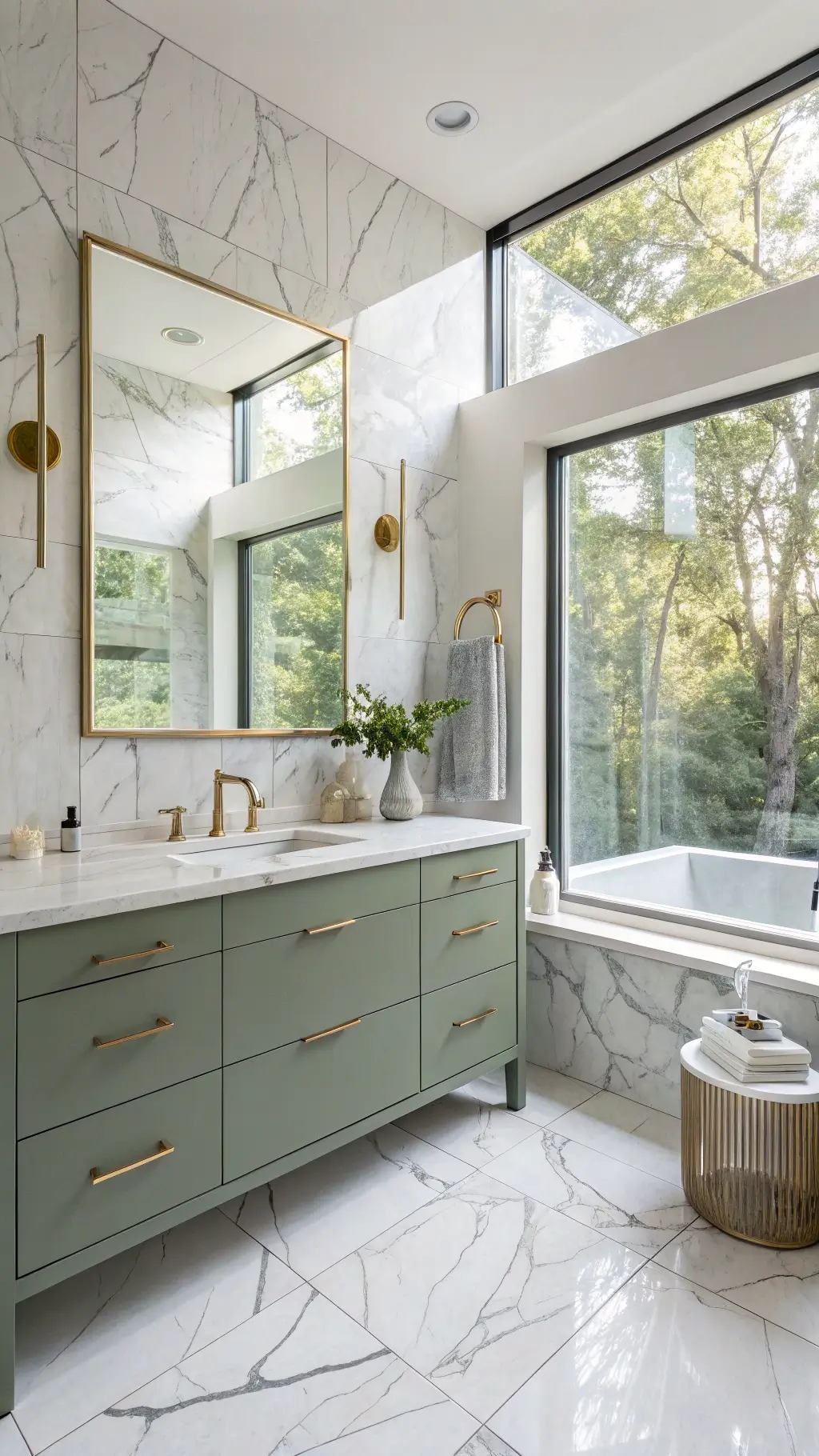 Sun-drenched bathroom with floor-to-ceiling window, white marble-effect tiles, floating sage green vanity, and brass fixtures creating a fresh, naturally elegant atmosphere