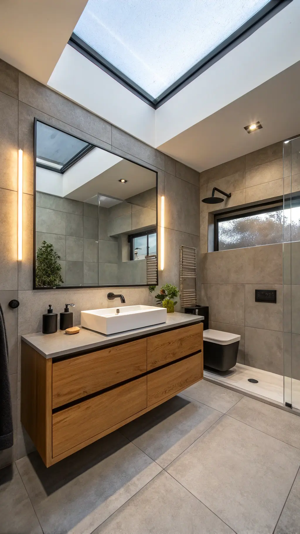 Zen-inspired minimalist bathroom with large concrete tiles, floating teak vanity, matte black fixtures, floor-to-ceiling mirror, and soft skylight illumination
