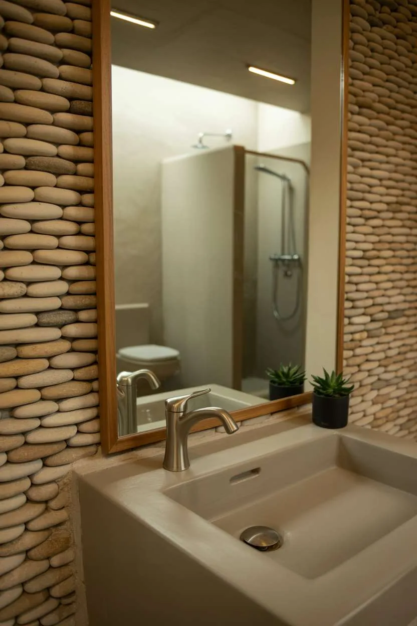 Bathroom with concrete basin, brushed nickel faucet, and stacked river rock accent wall