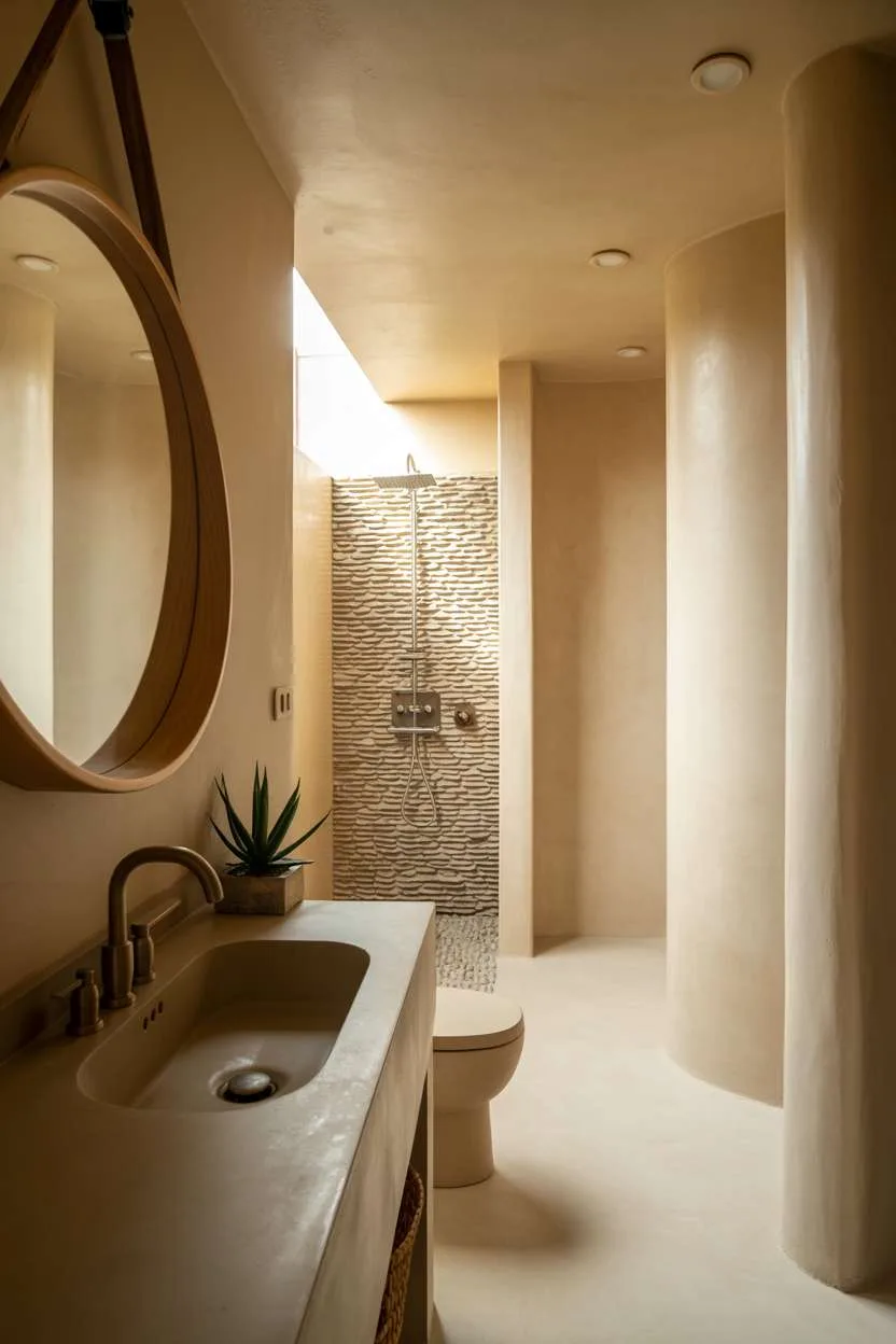Bathroom with concrete countertop sink, brushed brass faucet, round wood-framed mirror, and river stone shower tiles