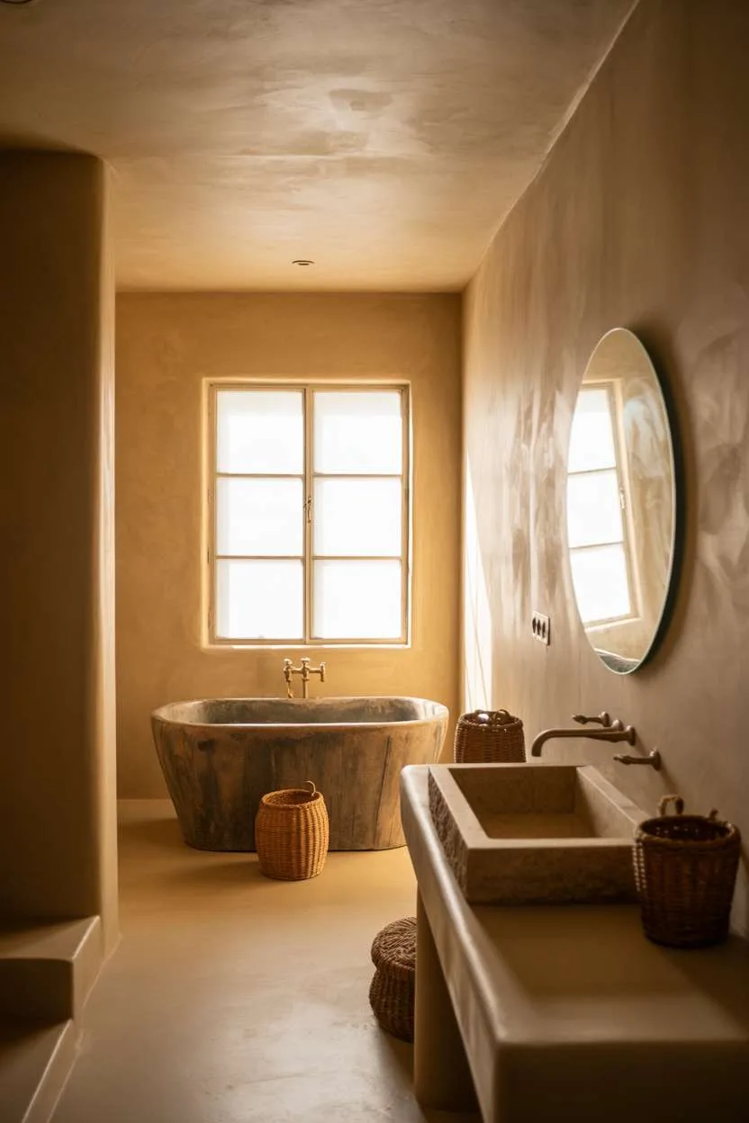 Freestanding tub with weathered wood surround, beige plaster walls, woven baskets, and stone sink
