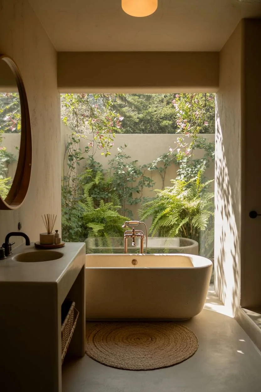 Freestanding soaking tub with bronze fixtures near window overlooking lush backyard with ferns and vines