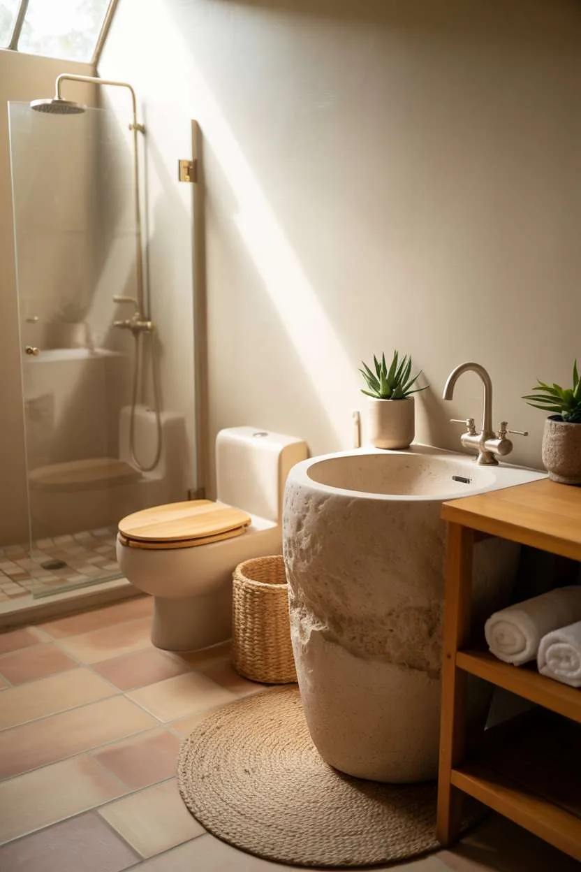 Rounded stone sink with brushed nickel faucet, wooden countertop, terracotta floor tiles, woven jute rug