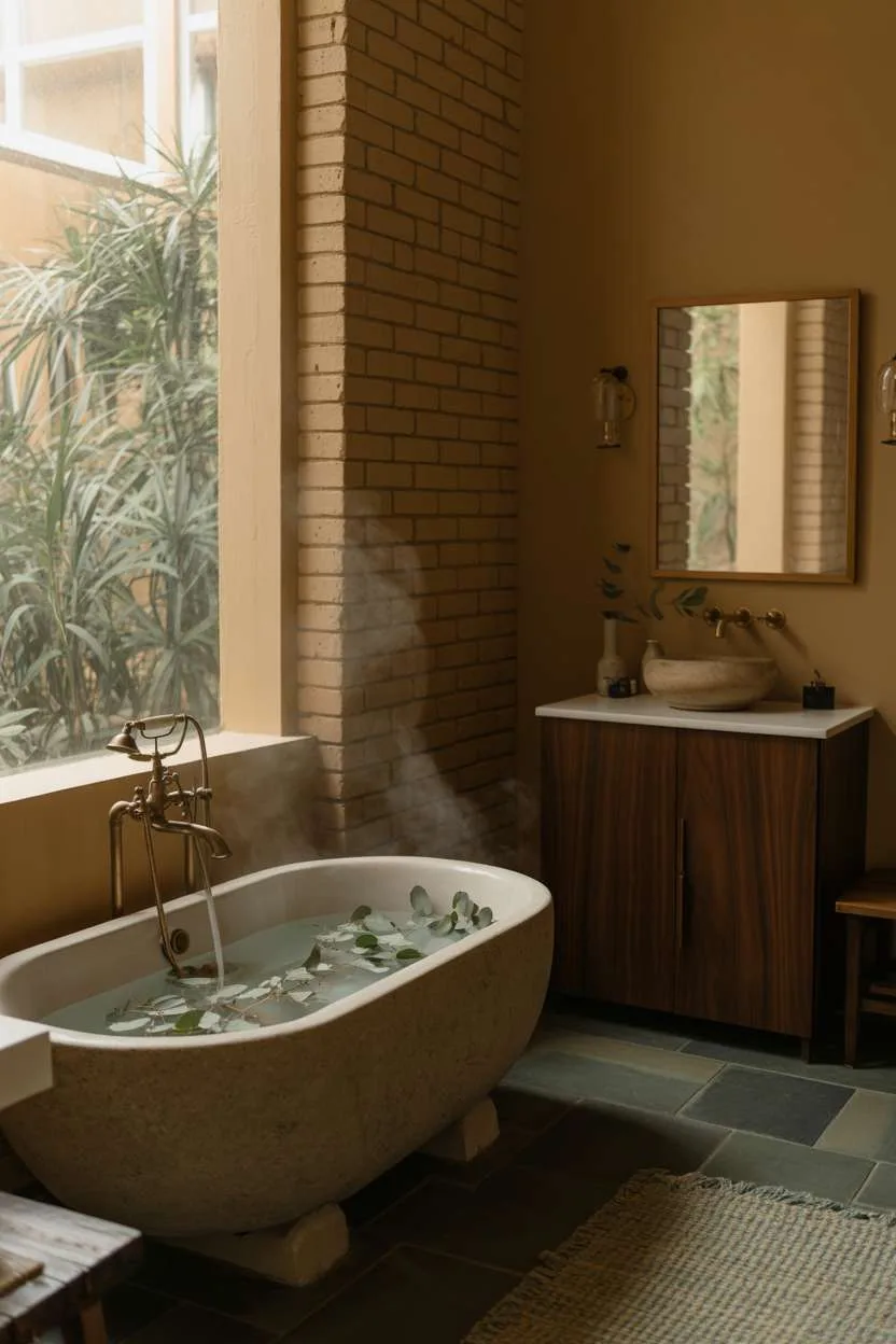 Stone bathtub with eucalyptus leaves, warm beige exposed brick walls, dark walnut vanity with ceramic sink