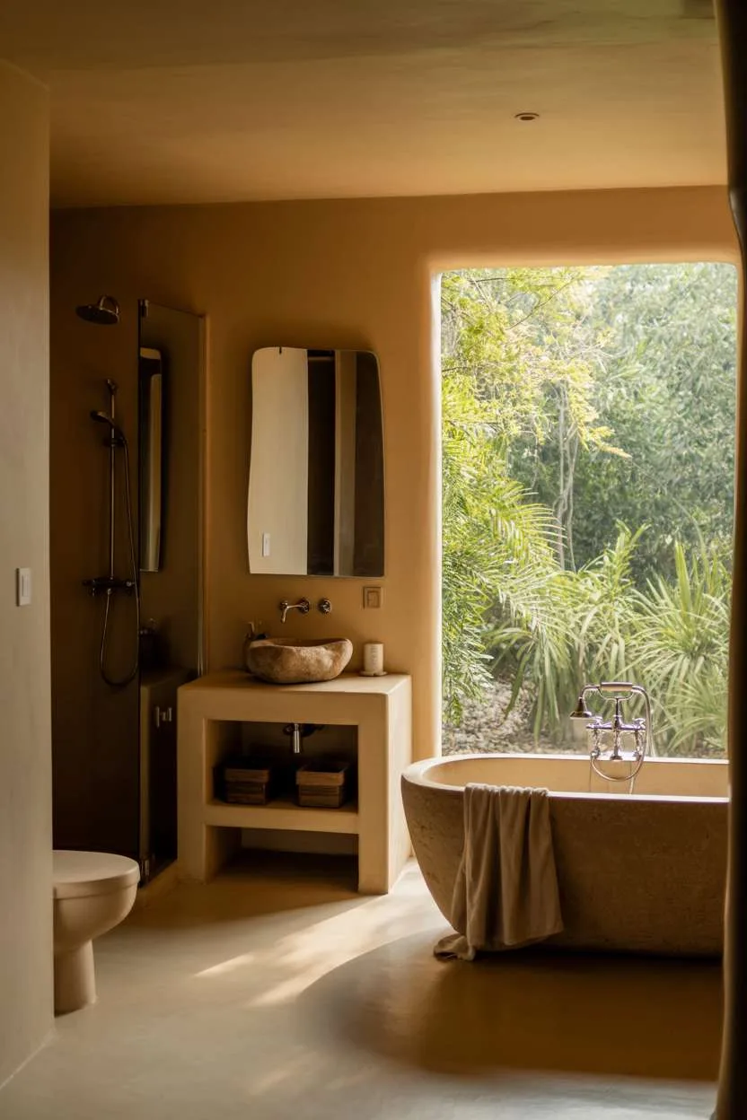 Freestanding stone bathtub near large window with garden view, linen towels, wooden vanity with stone sink
