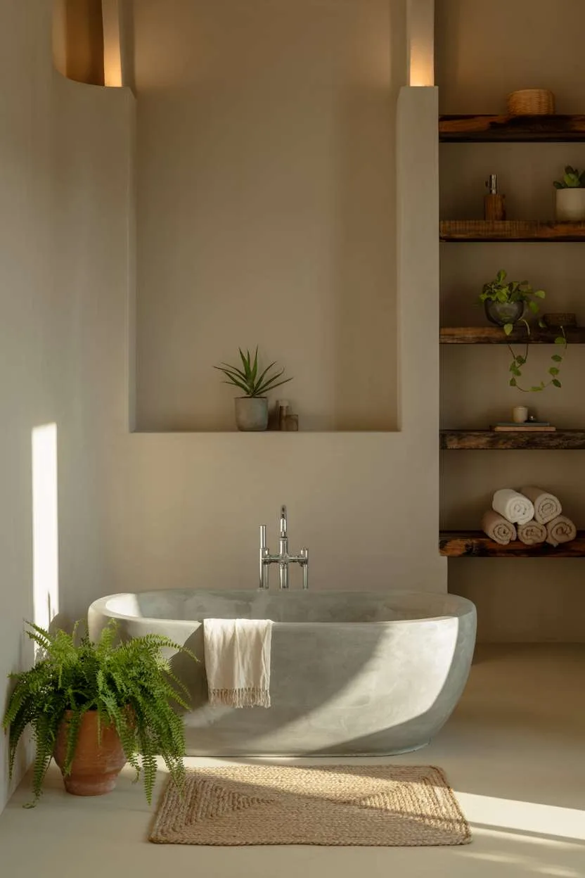 Light grey concrete soaking tub with cascading fern, beige walls, reclaimed wood shelves with towels and plants