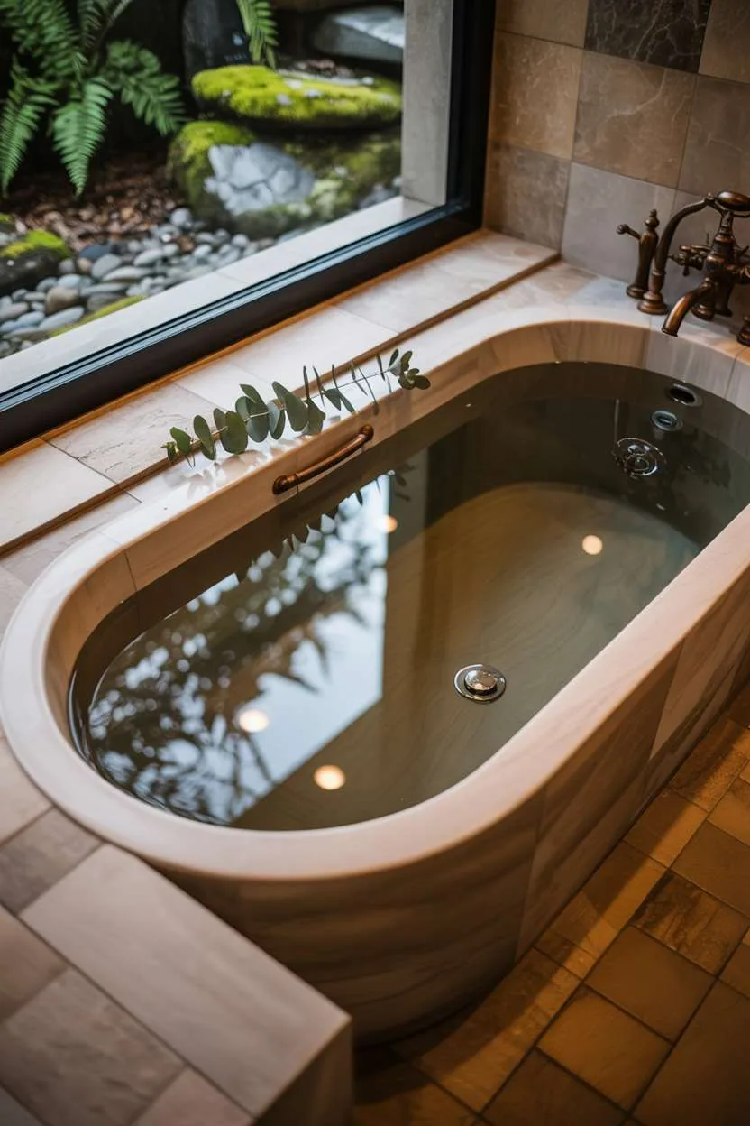 Warm-toned wooden freestanding tub filled with steam, natural stone tiles, garden window view