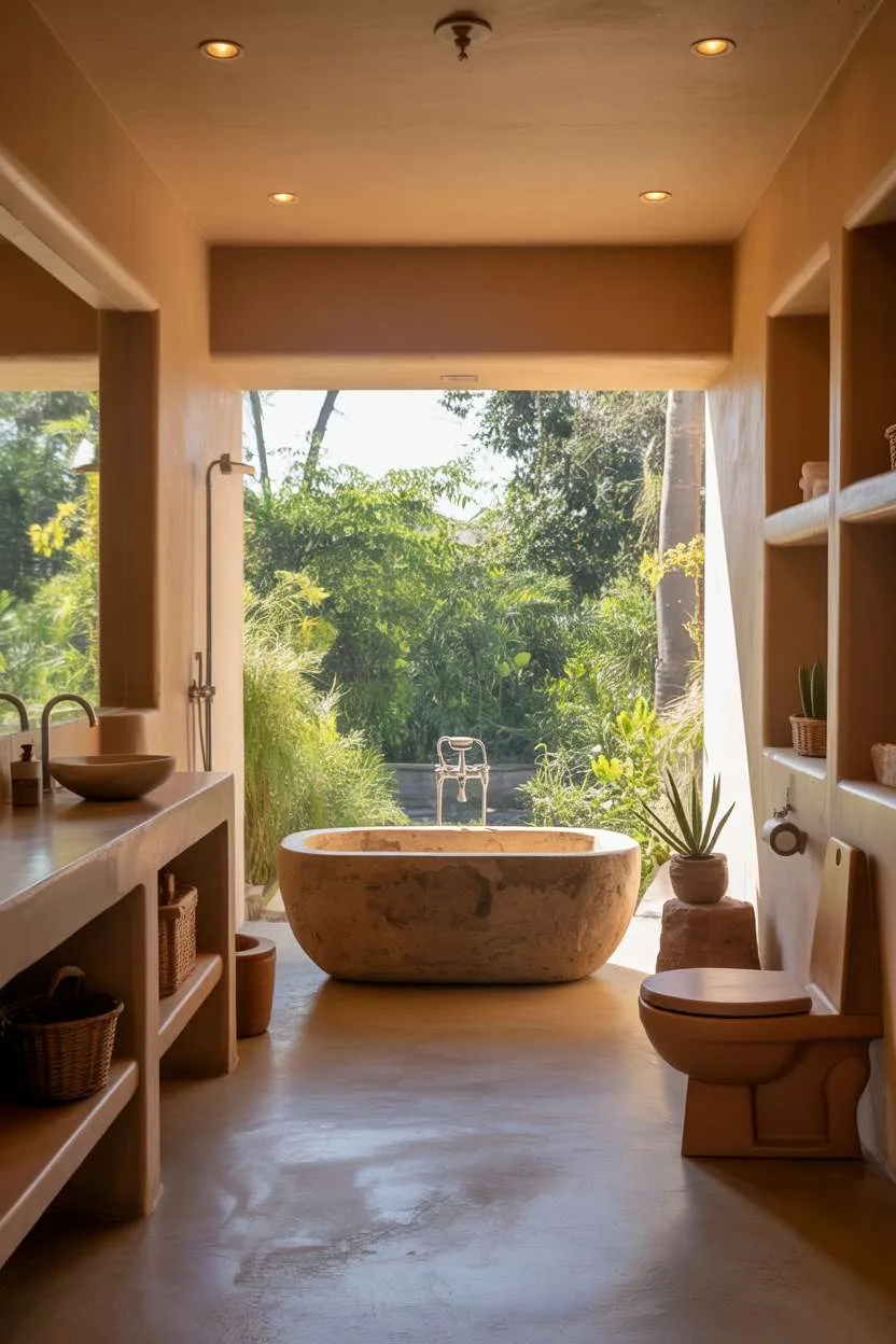 Stone bathtub near garden window, raw wood shelving, ceramic sink, minimalist toilet in beige and terracotta tones