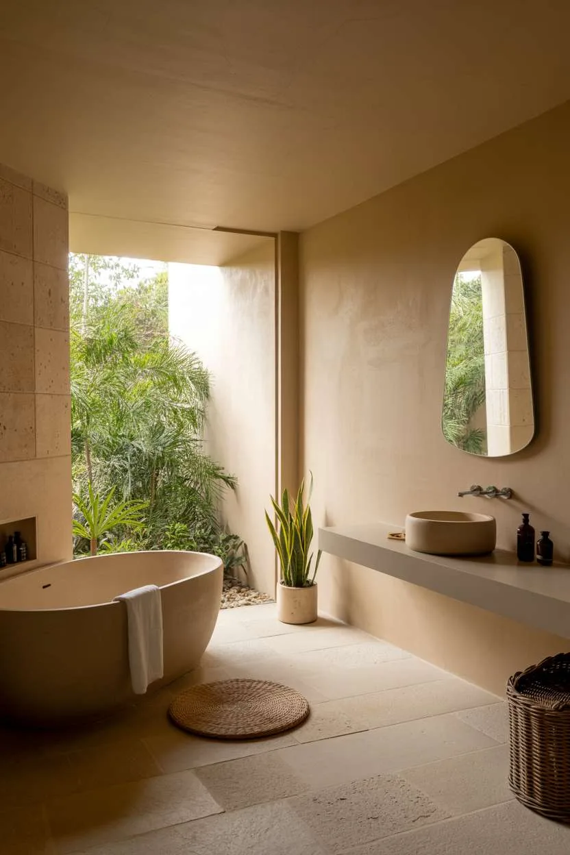 Oval soaking tub with wicker mat, floating vanity with round mirror, textured limestone tiles on floor and walls