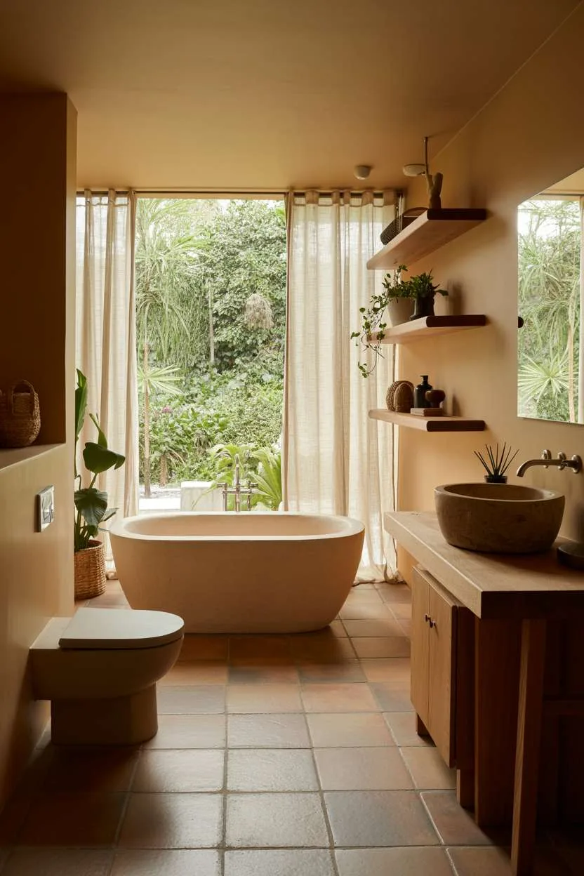 Oval soaking tub near garden window, wooden vanity with stone sink, natural wood shelving, large terracotta floor tiles