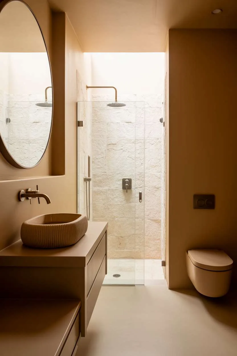 Floating vanity with textured ceramic sink, circular mirror with integrated LED lighting, frameless glass shower