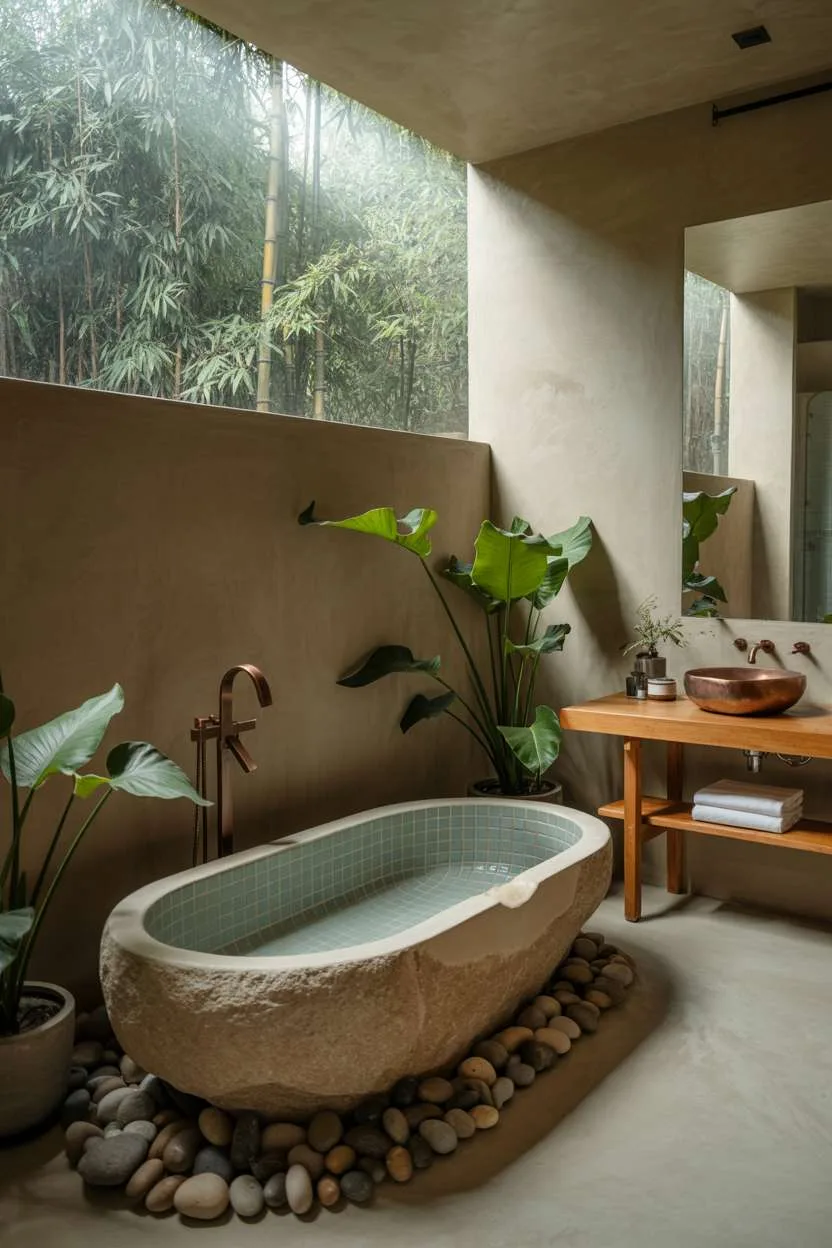 Stone bathtub with grey-blue tiles, wooden vanity with copper sink, large window overlooking bamboo forest