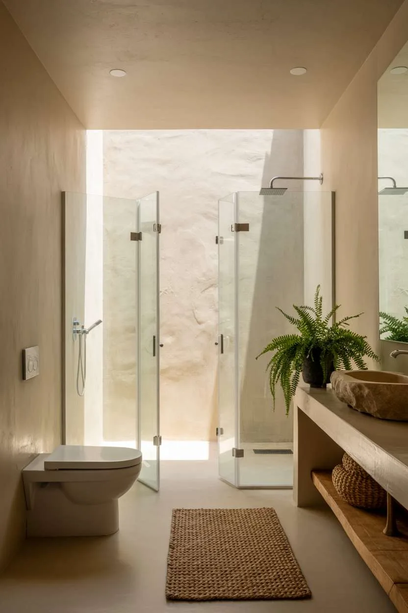Modern toilet, walk-in shower with clear glass panels, minimalist stone sink, smooth concrete walls