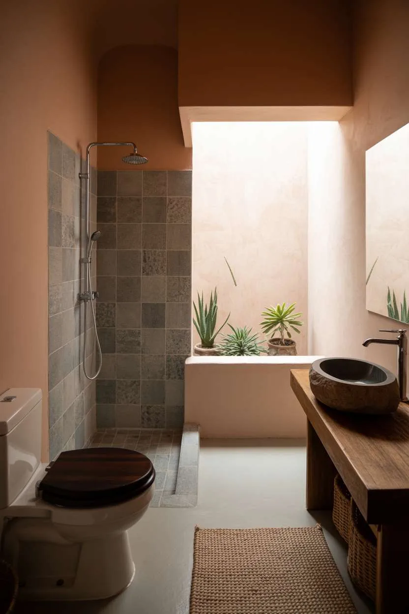 Modern toilet with dark wood seat, walk-in shower with textured grey tiles, circular stone sink on reclaimed wood vanity