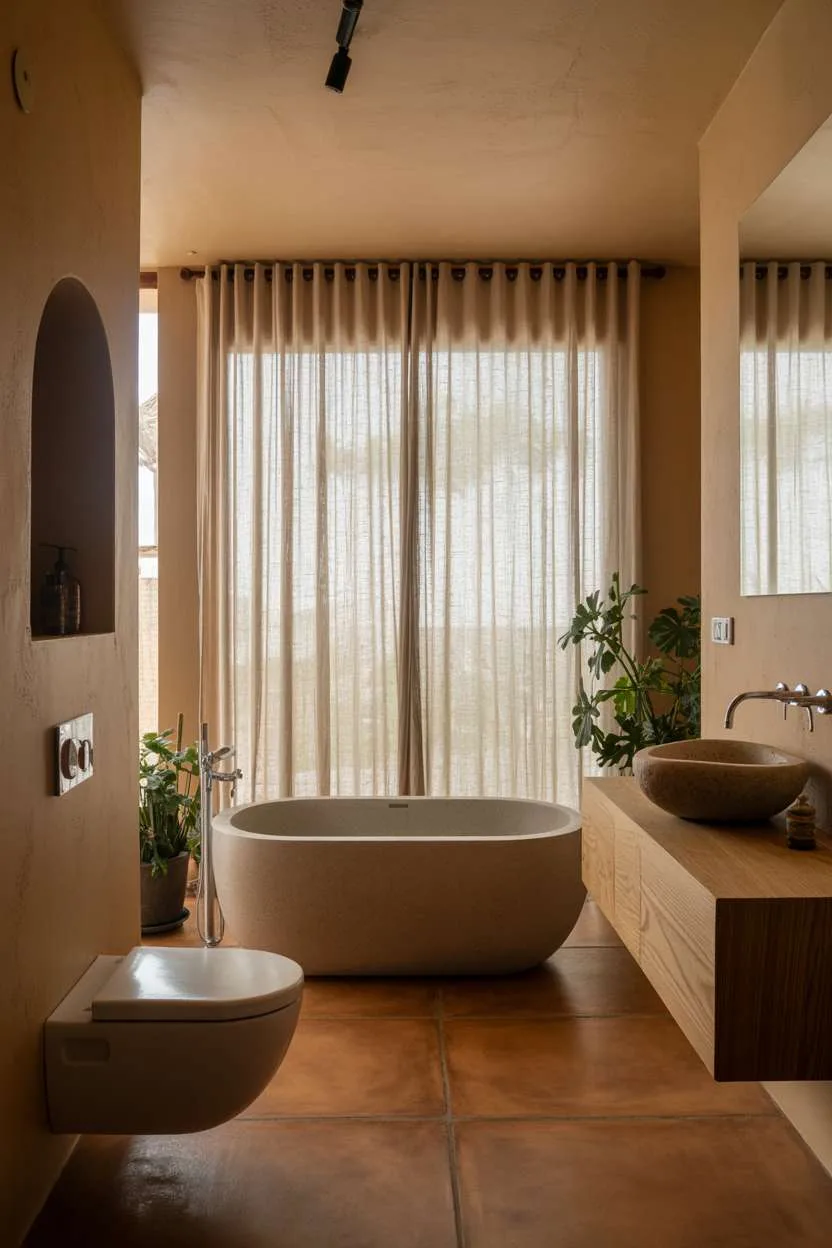 Light grey concrete freestanding soaking tub, wooden vanity with stone sink, sheer linen curtains, terracotta tile floor