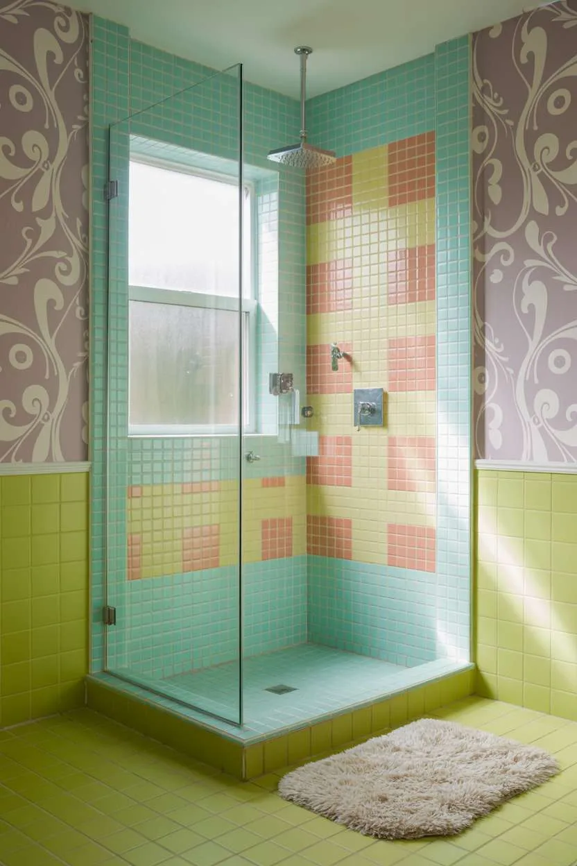 Glass shower with turquoise, coral, and yellow mosaic tiles and lavender-lime wallpaper