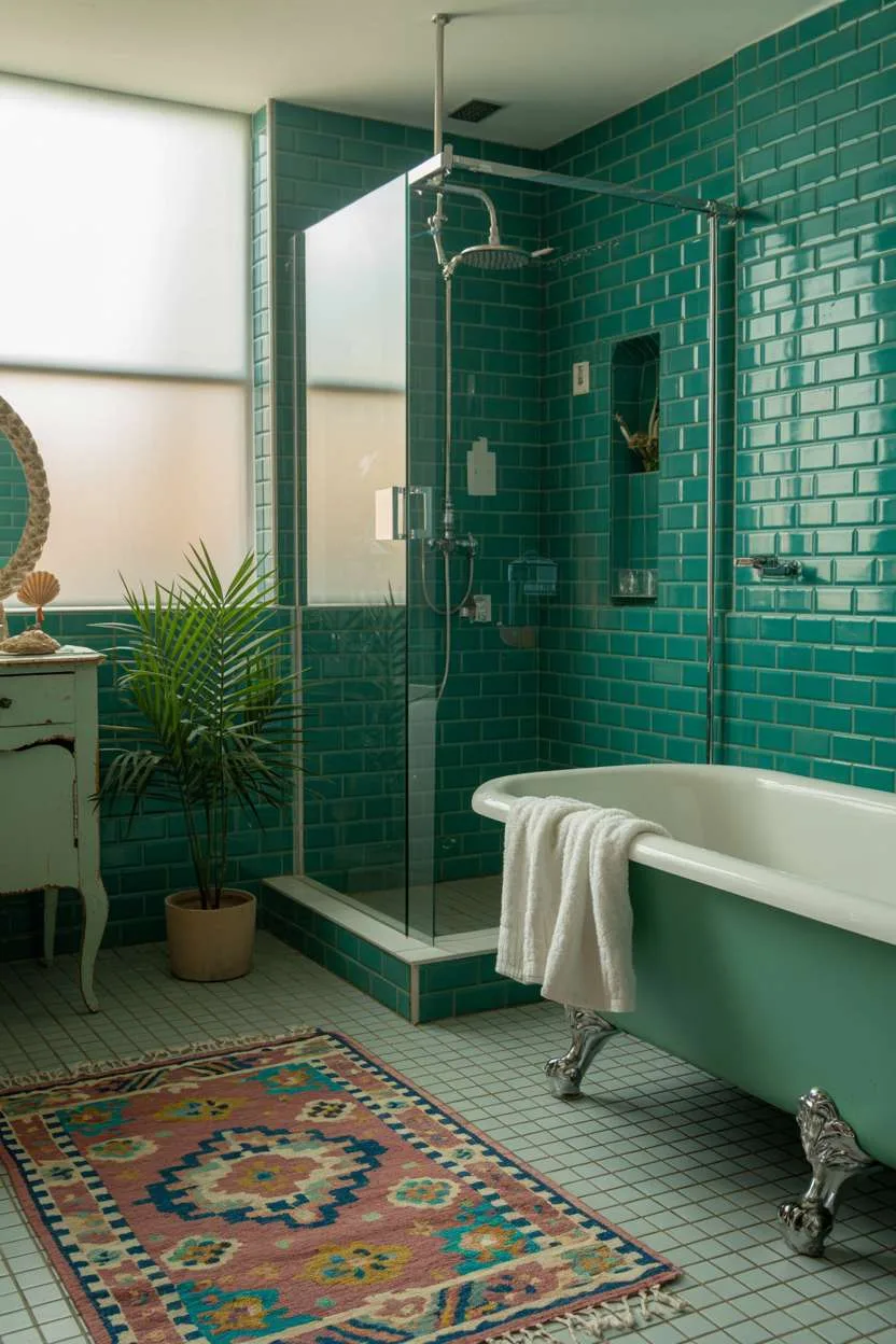 Teal subway tile bathroom with clawfoot tub and coral accents