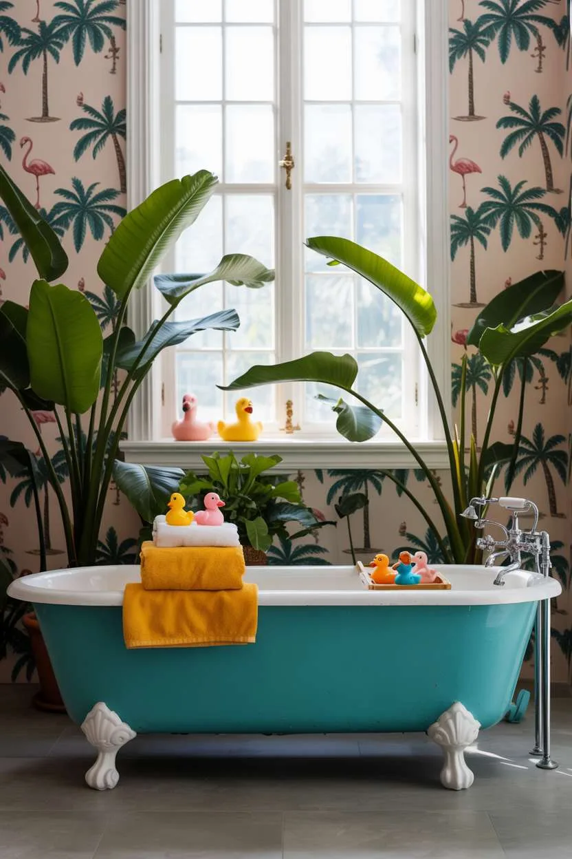 Turquoise clawfoot tub with yellow towels, rubber duck collection, and pink flamingo wallpaper