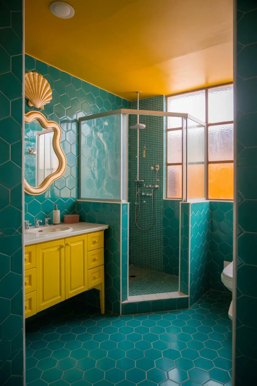 Bathroom with teal hexagonal tiles and bright yellow vanity