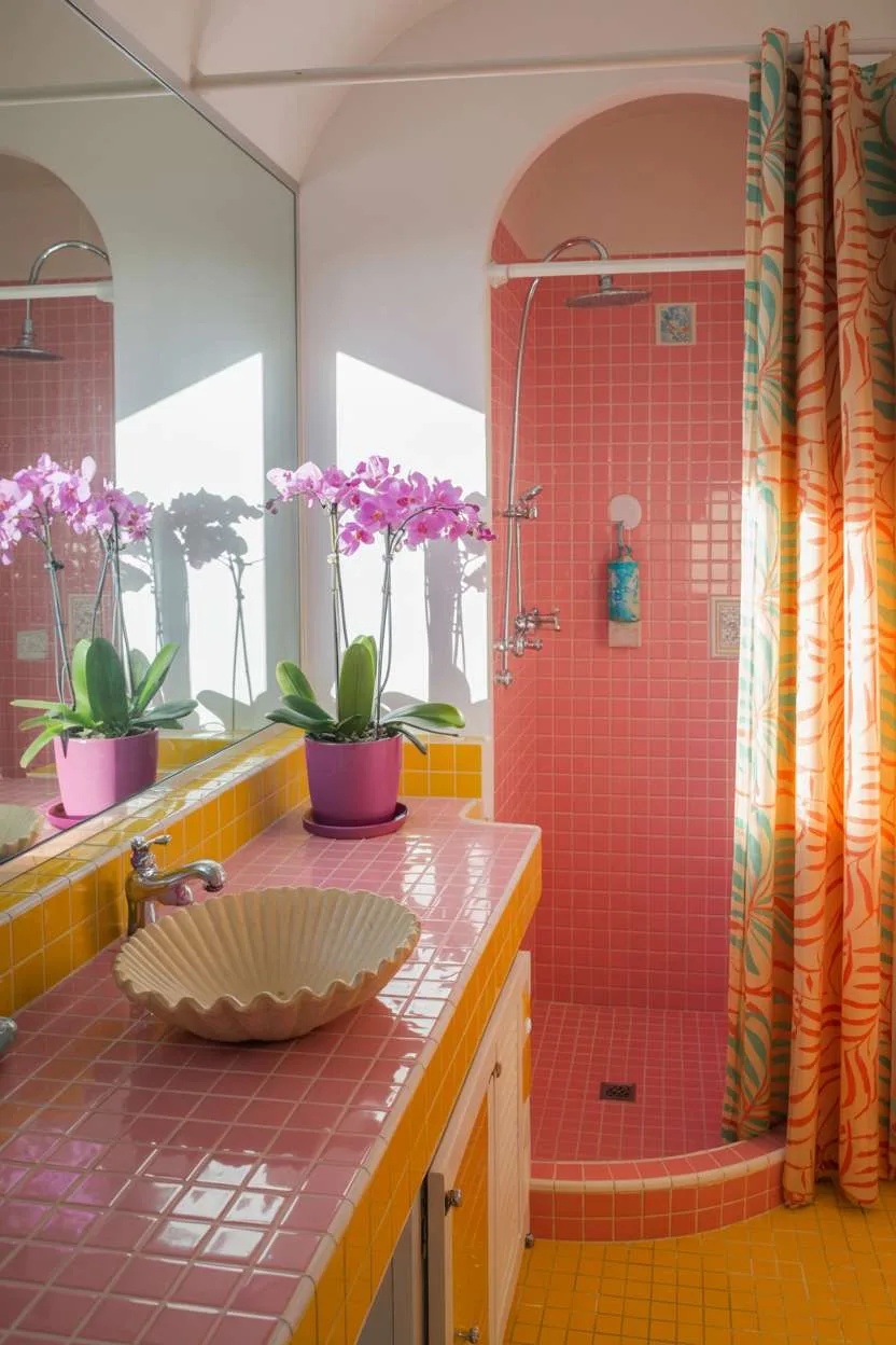 Pink and yellow mosaic bathroom with seashell sink and orchid plants