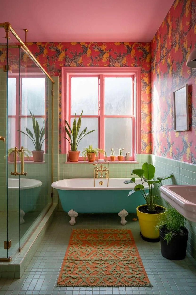 Pink and yellow floral wallpaper bathroom with turquoise clawfoot tub and gold fixtures