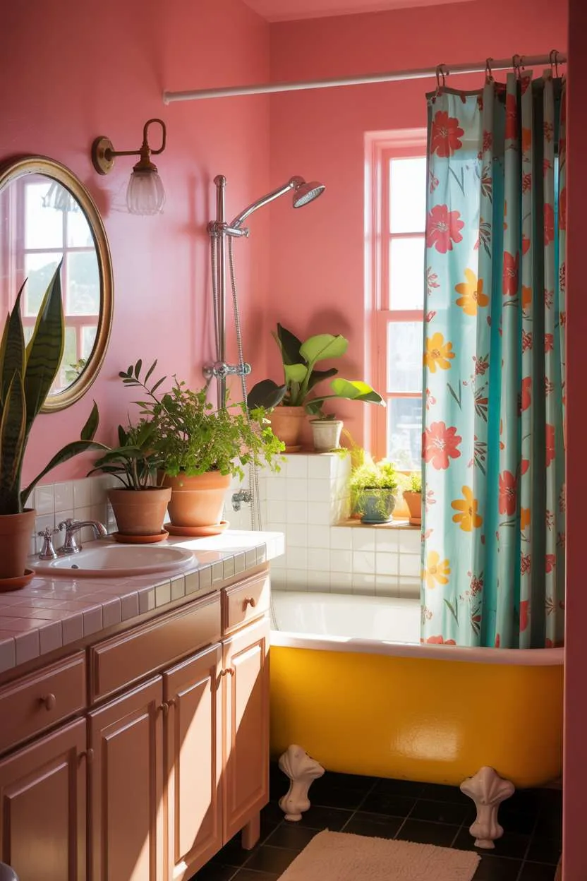 Pink walls with yellow clawfoot tub and turquoise floral shower curtain