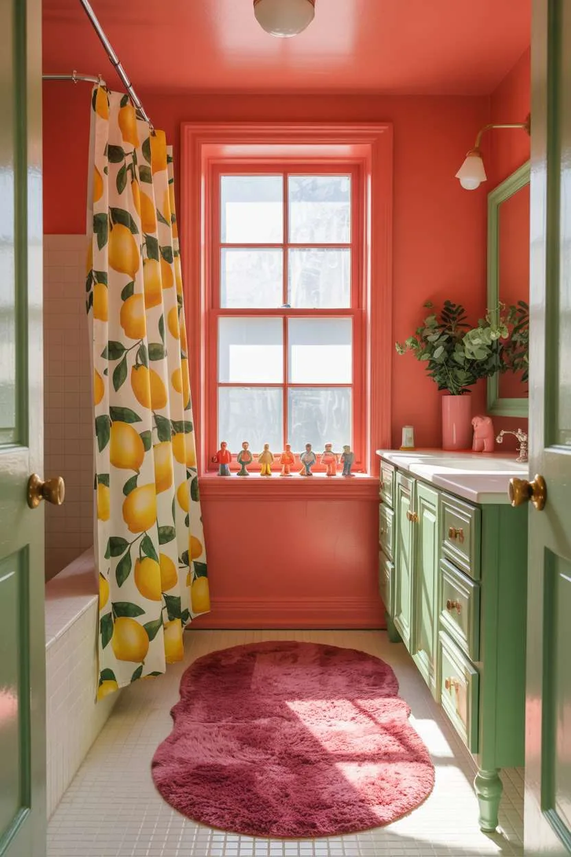 Coral walls with mint green vanity and lemon-patterned shower curtain